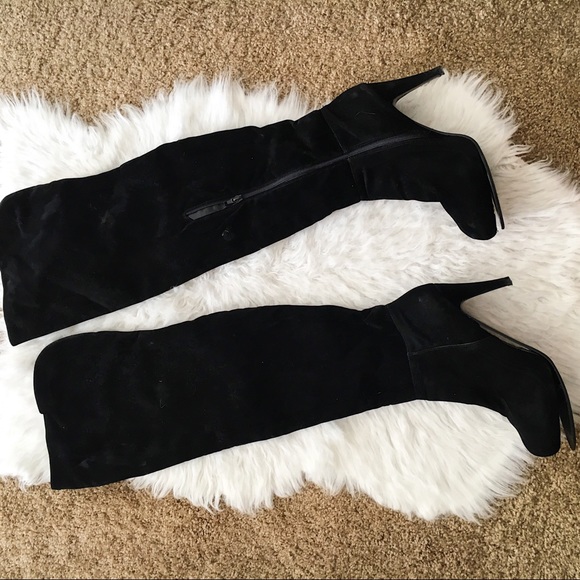 Shoes - Crushed Black Velvet Zip Up Heeled Thigh Highs